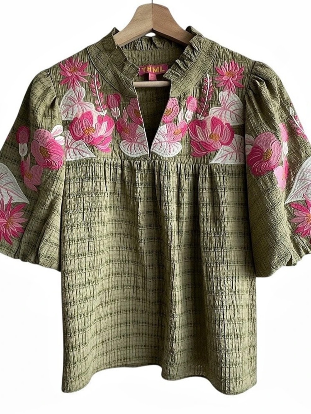 THML Floral Embroidered Blouse Sz M in Green babydoll puff sleeves boho